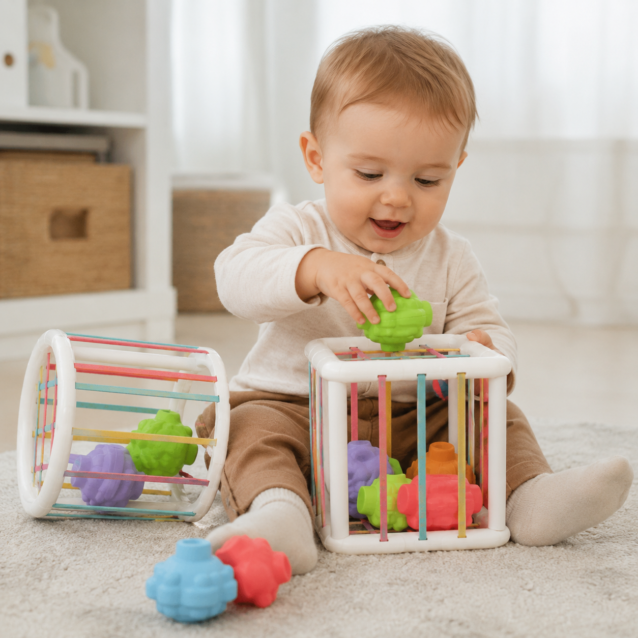 Bébé assis sur un tapis jouant avec un cube sensoriel Montessori coloré pour développer la motricité fine.