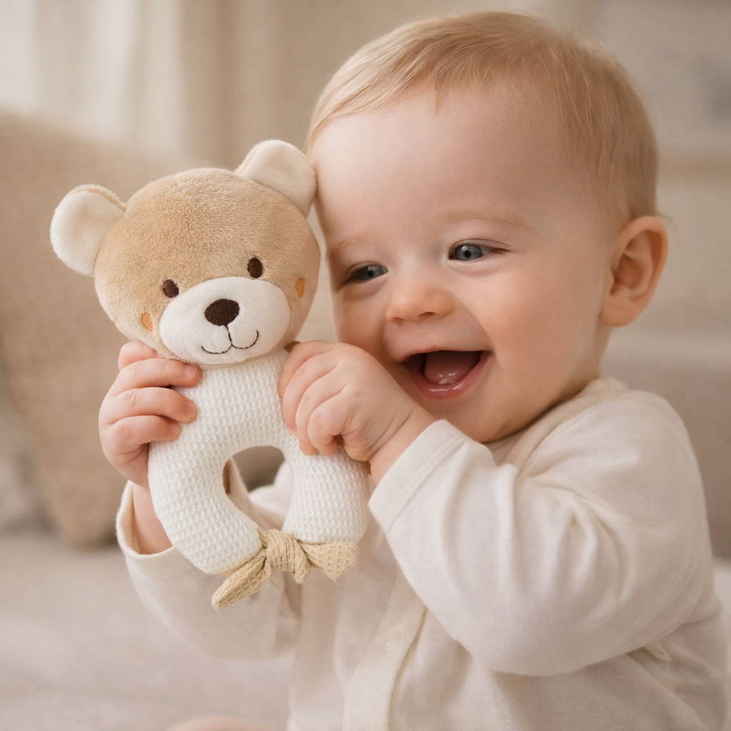 Bébé de 6 à 12 mois souriant en train de jouer avec un hochet ours doux jouet d’éveil sensoriel pour bébé