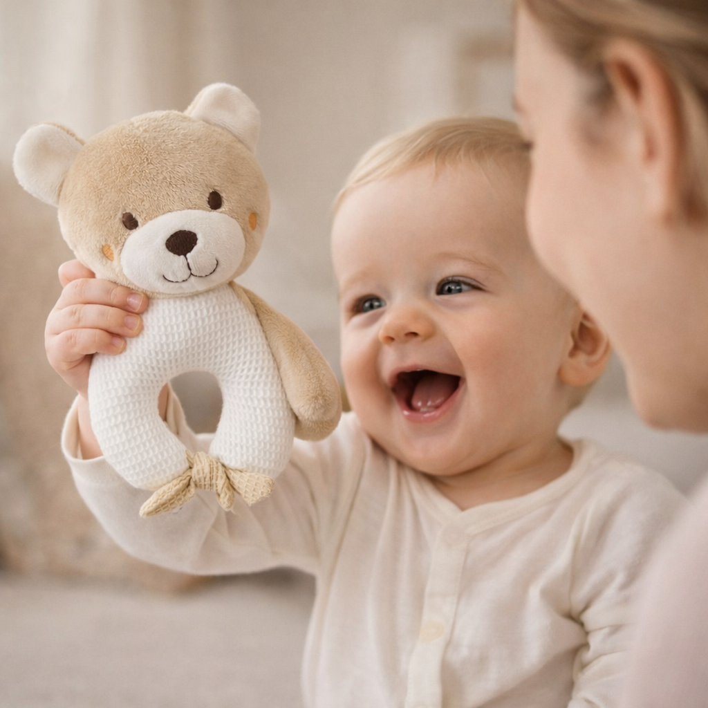 Bébé heureux montrant son hochet en forme d’ours à sa maman jouet d’éveil favorisant la découverte et le partage parent enfant