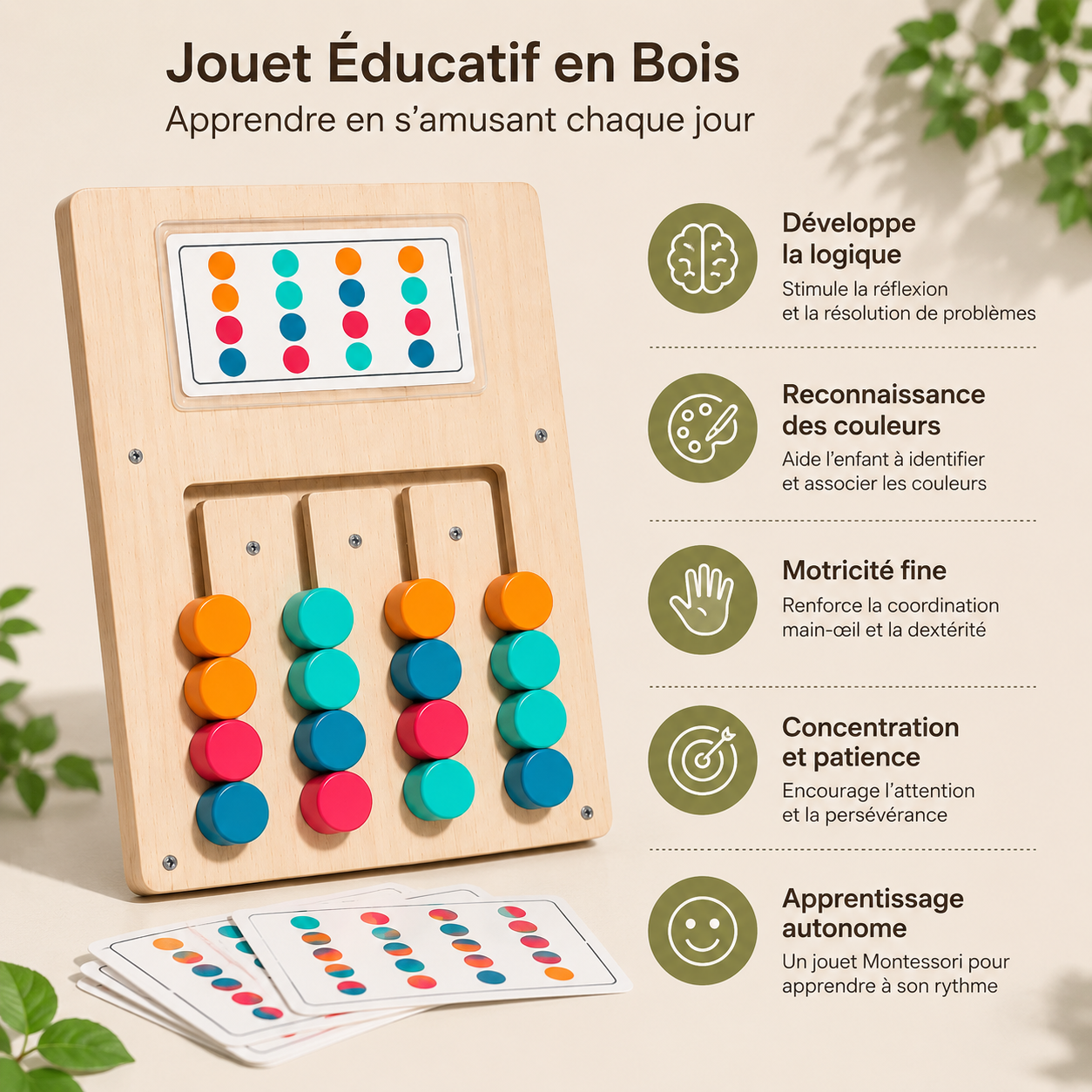 Jouet éducatif Montessori en bois avec explications des bienfaits pour l’enfant : développement de la logique, reconnaissance des couleurs, motricité fine, concentration et apprentissage autonome.