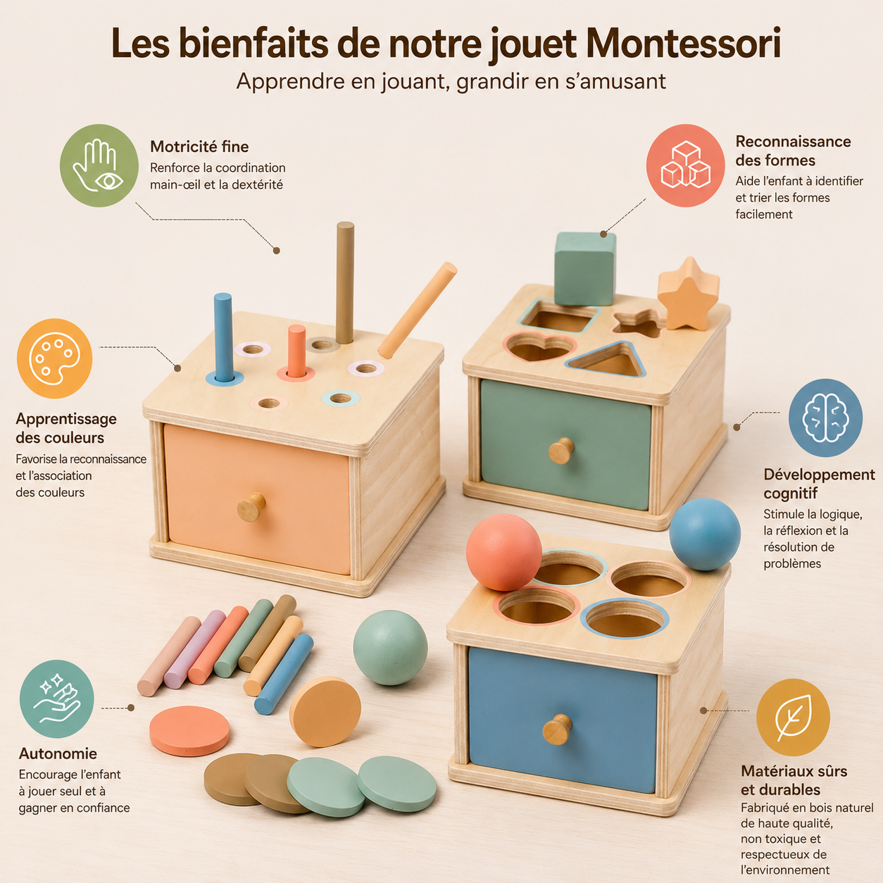 Illustration des bienfaits du jouet Montessori en bois : développement cognitif, motricité fine, reconnaissance des formes et des couleurs, coordination main-œil et autonomie de l’enfant.