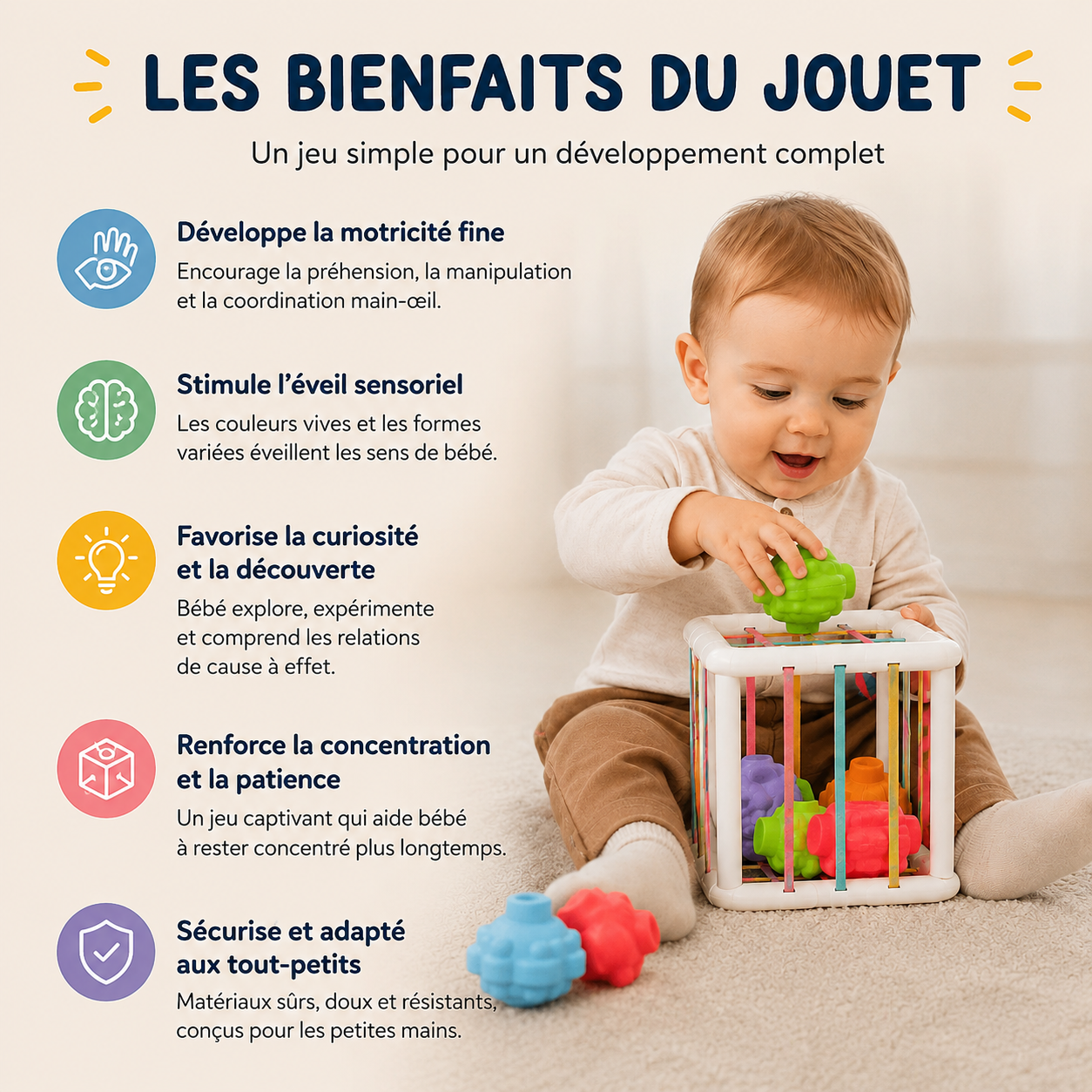 Infographie des bénéfices d’un jouet sensoriel Montessori pour la motricité fine et l’éveil de bébé.