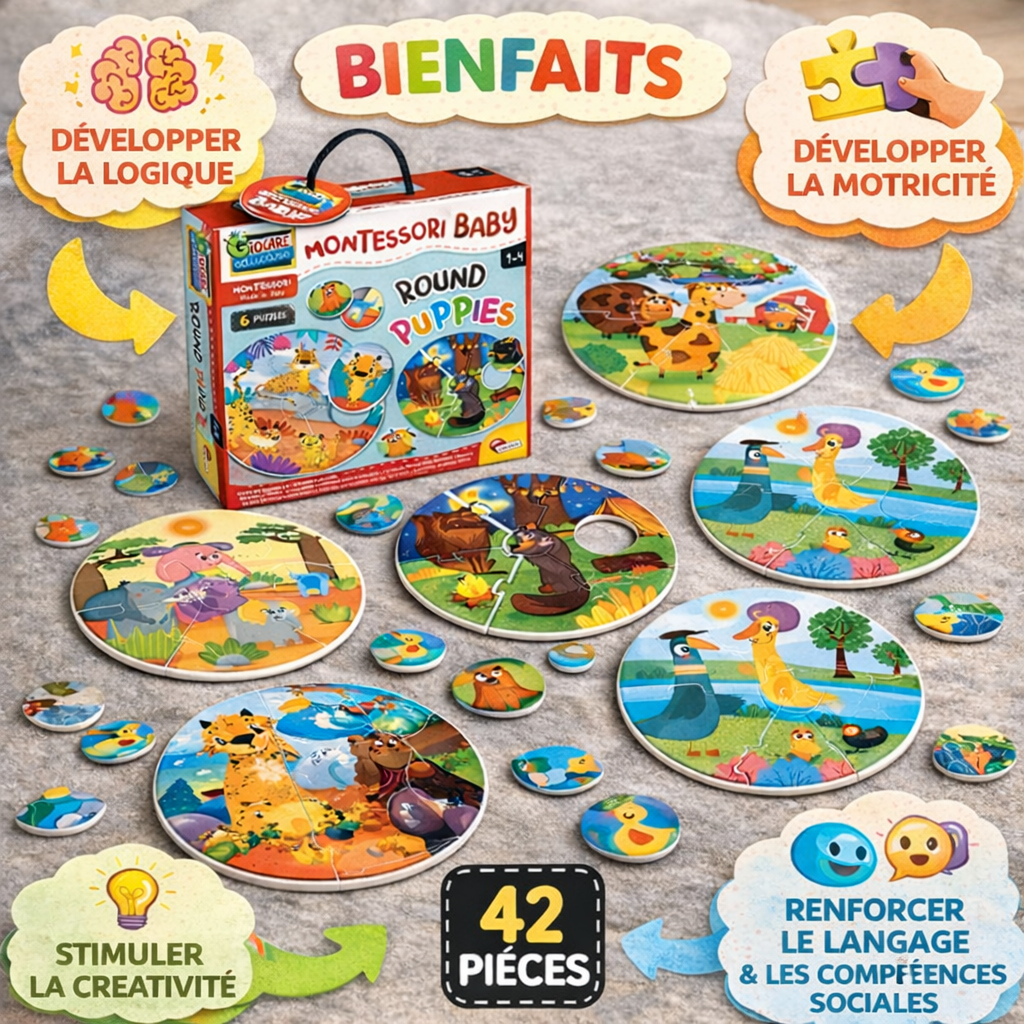 Puzzle Montessori éducatif pour bébé mettant en avant ses bienfaits : développement de la motricité fine, stimulation cognitive, créativité et langage chez l’enfant.