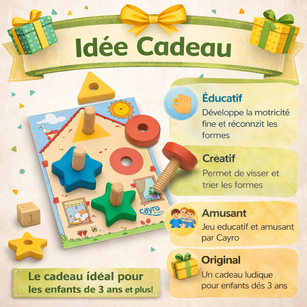 Jeu Montessori en bois avec formes à visser, jouet éducatif pour enfant dès 3 ans favorisant la motricité fine, la coordination et la reconnaissance des formes.