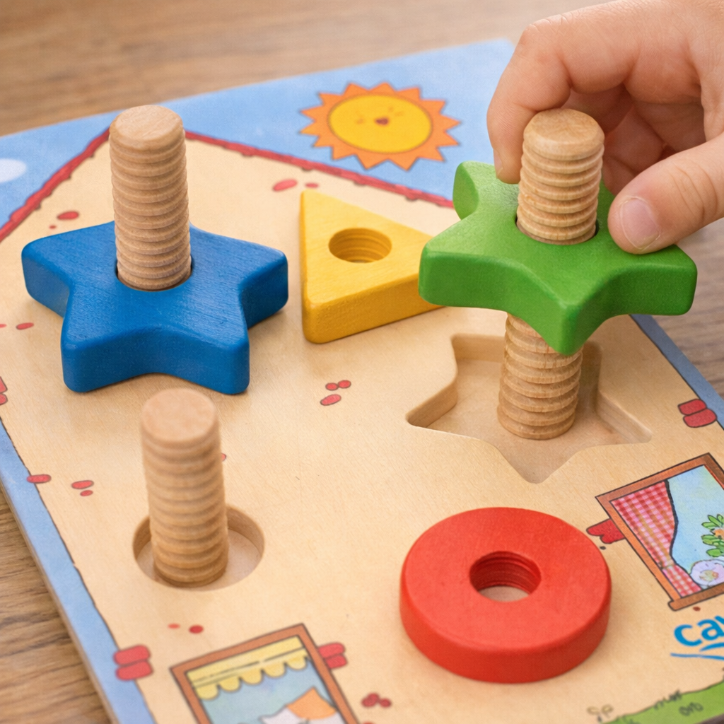 Zoom sur les pièces en bois colorées et les vis épaisses adaptées aux petites mains, montrant la qualité des finitions et la sécurité du jeu éducatif dès le plus jeune âge.