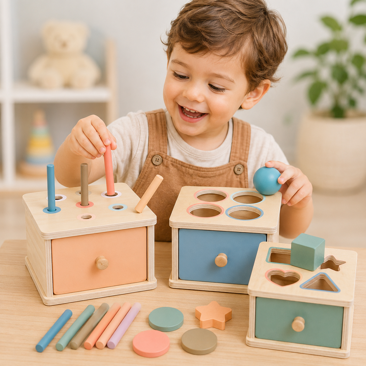 Petit garçon heureux jouant avec une boîte à tiroirs Montessori en bois sur une table dans une chambre lumineuse. Jeu éducatif sensoriel pour développer la logique, les couleurs et la motricité fine.