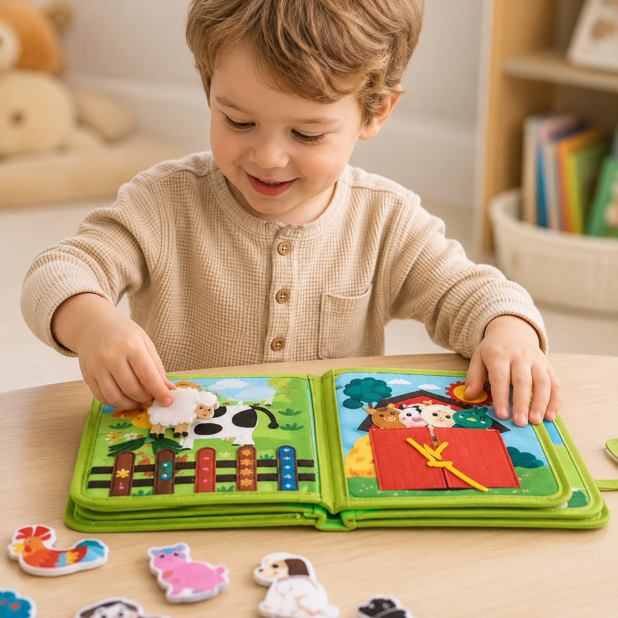 Petit garçon jouant avec un livre sensoriel Montessori en tissu dans une ambiance douce et cocooning.