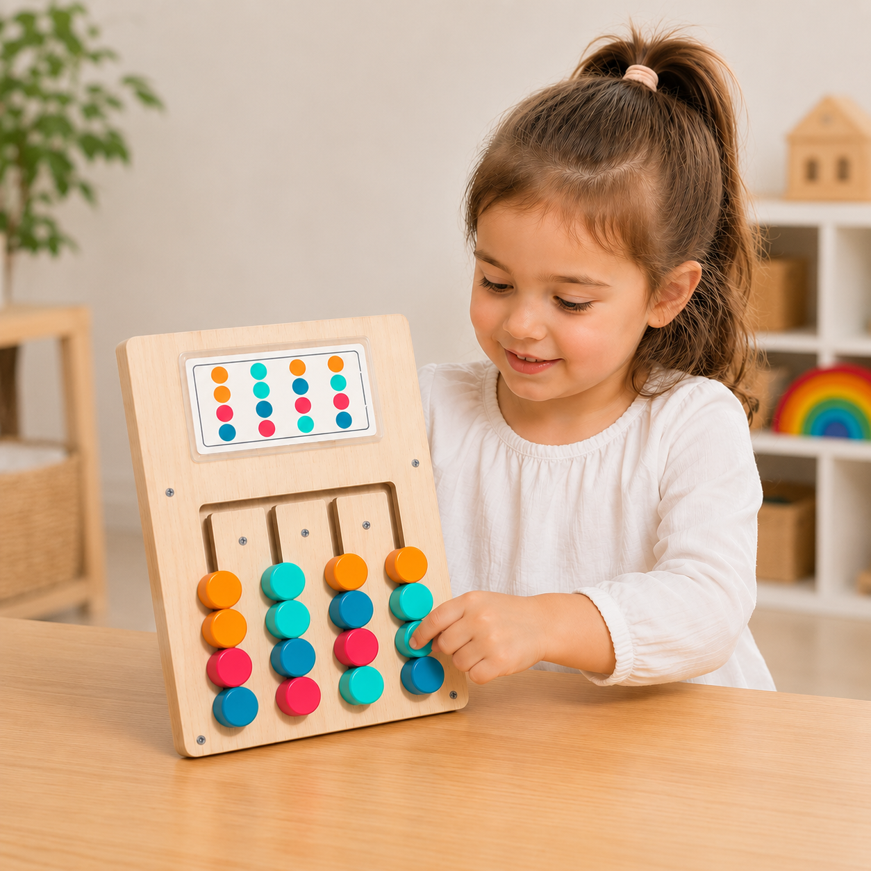 Enfant de 4 ans jouant avec jeu éducatif bois Montessori couleurs