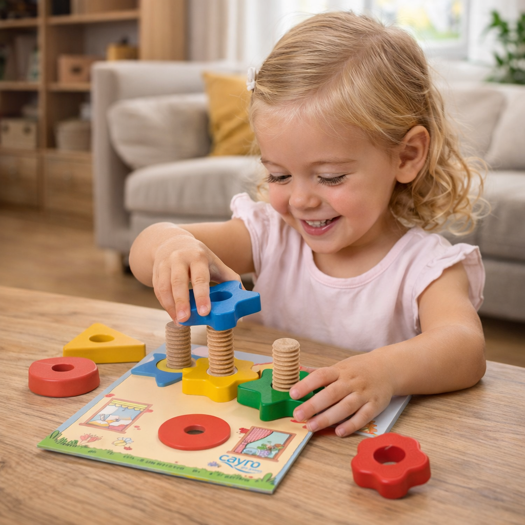 Jeune enfant concentré vissant des formes colorées sur une planche en bois, développant sa motricité fine, sa coordination main-œil et son autonomie.