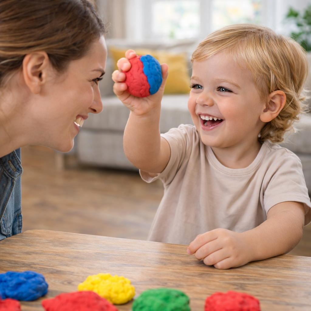 Enfant heureux montrant une boule de pâte à modeler Spider-Man à sa maman activité créative favorisant le partage et l’imagination