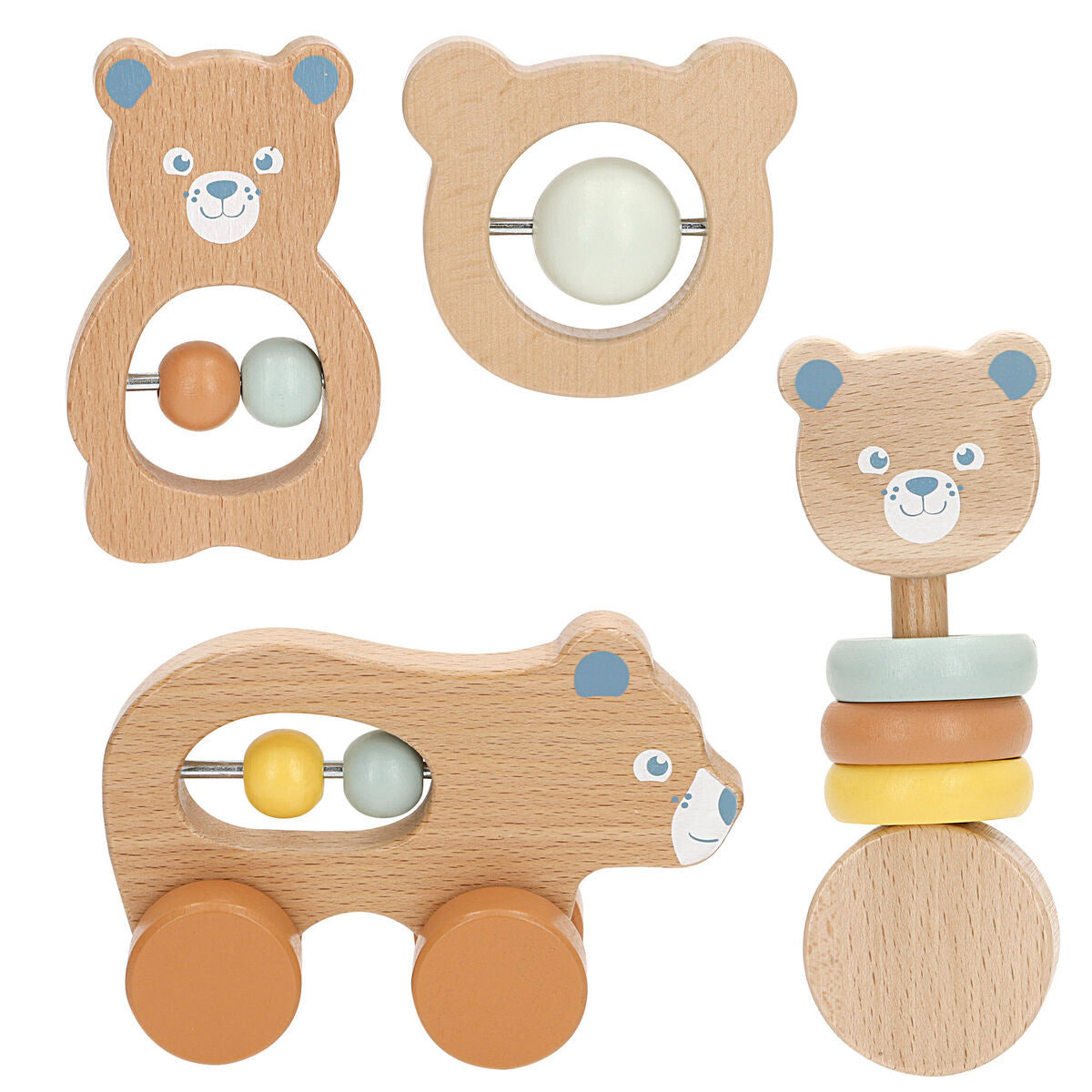 Hochet bébé Colorbaby en bois naturel avec perles colorées pour stimuler l’éveil et la motricité des bébés.