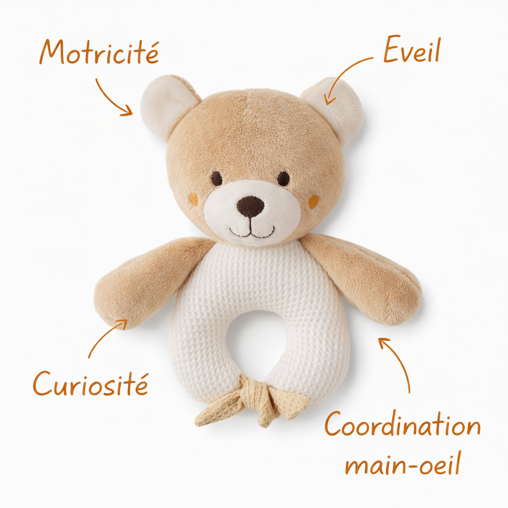 Hochet ours éducatif avec indications motricité éveil curiosité et coordination main oeil pour le développement du bébé