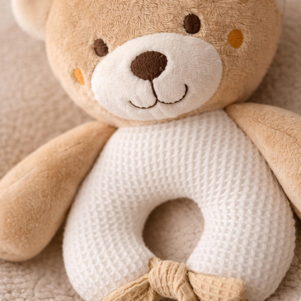 Gros plan sur la texture douce du hochet ours pour bébé jouet sensoriel facile à saisir pour les petites mains