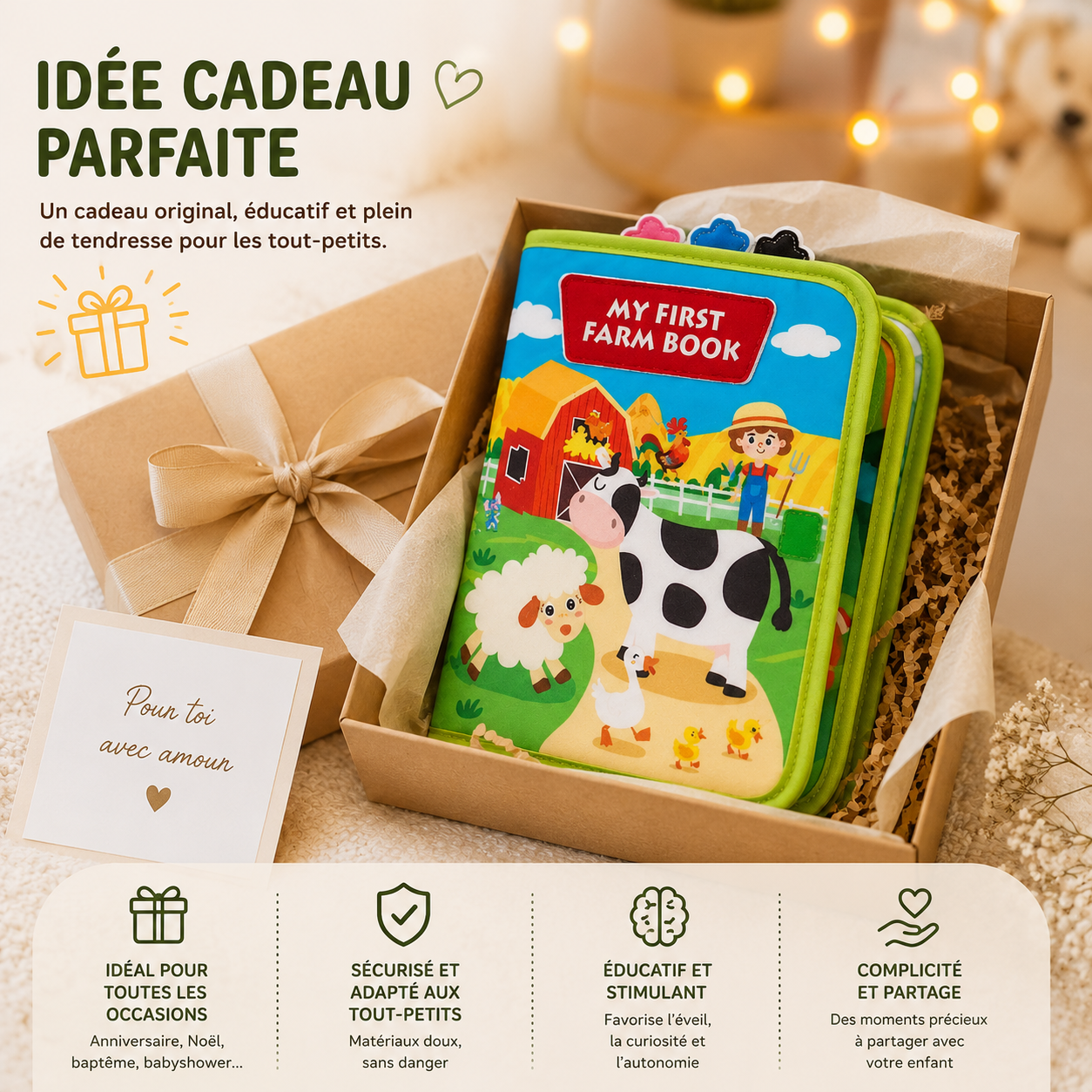 Livre sensoriel Montessori présenté comme cadeau éducatif et doux pour bébé et jeune enfant.