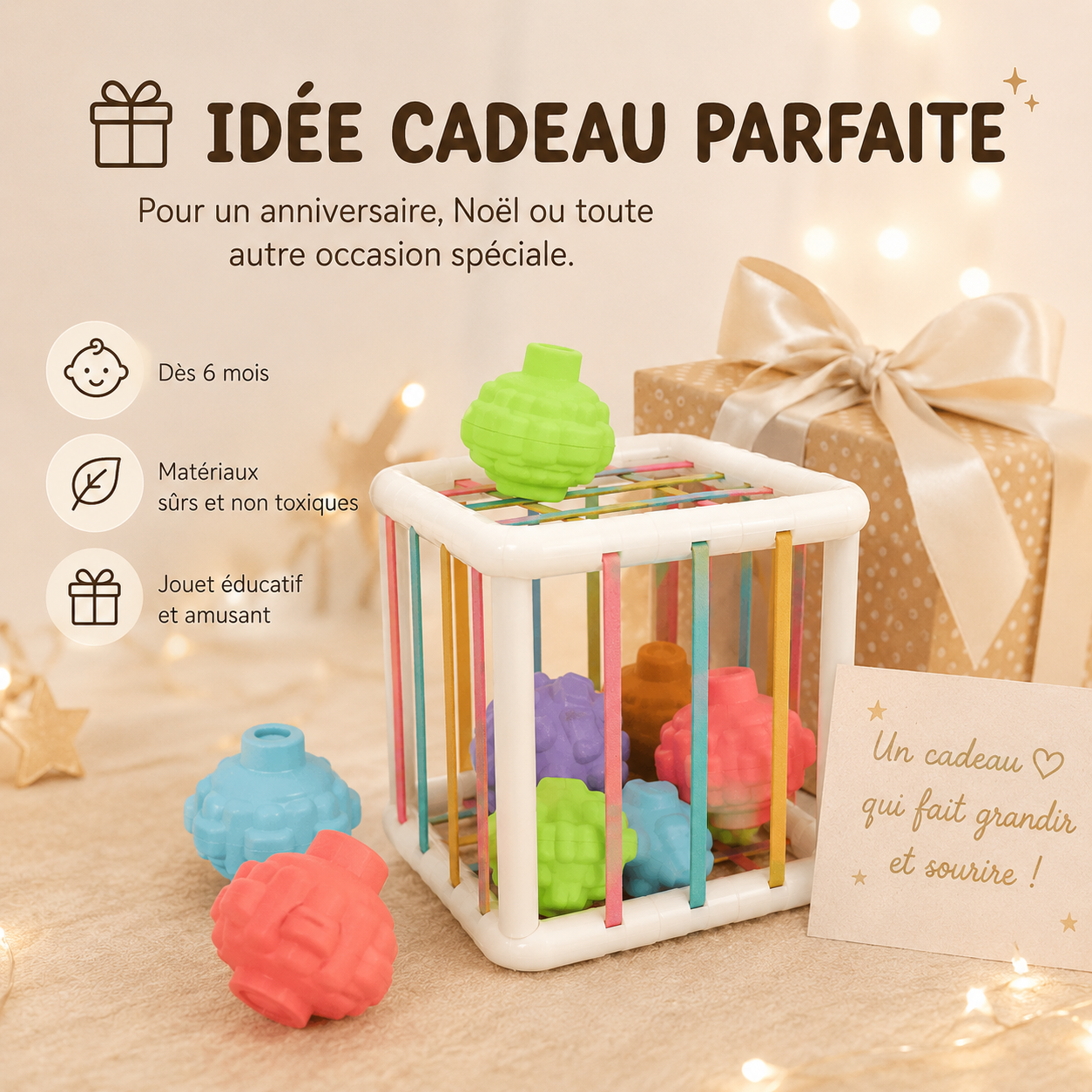 Jouet sensoriel Montessori présenté comme idée cadeau pour bébé avec ambiance douce et festive.