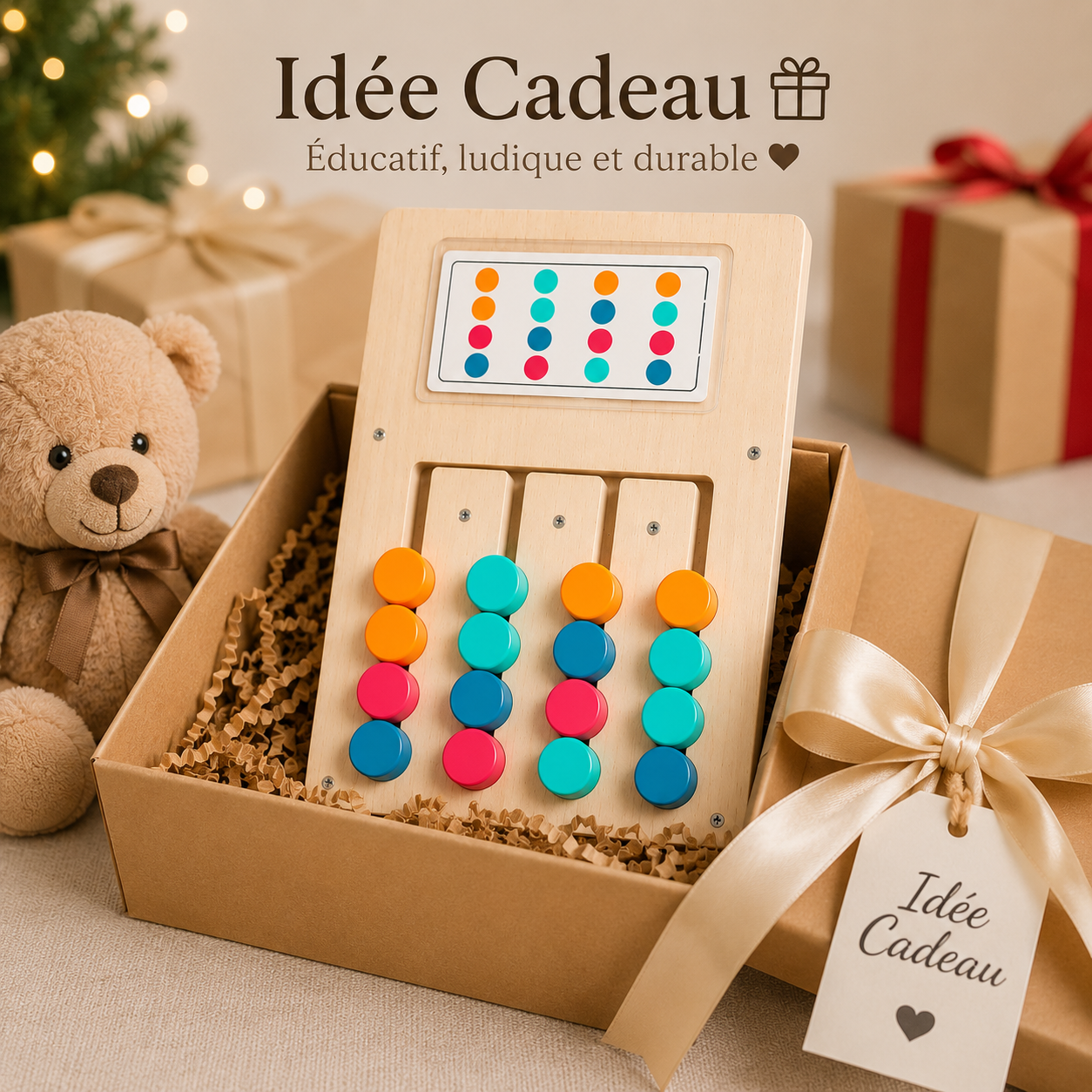 Jouet éducatif Montessori en bois présenté comme idée cadeau pour anniversaire ou Noël. Jeu ludique et durable pour développer la logique, la motricité et l’apprentissage des couleurs chez l’enfant.
