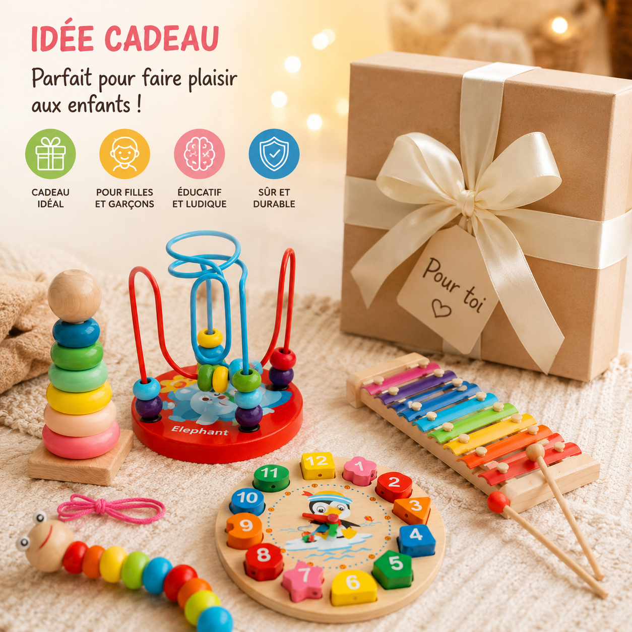 Coffret de jouets Montessori en bois présenté comme idée cadeau éducative pour enfant.