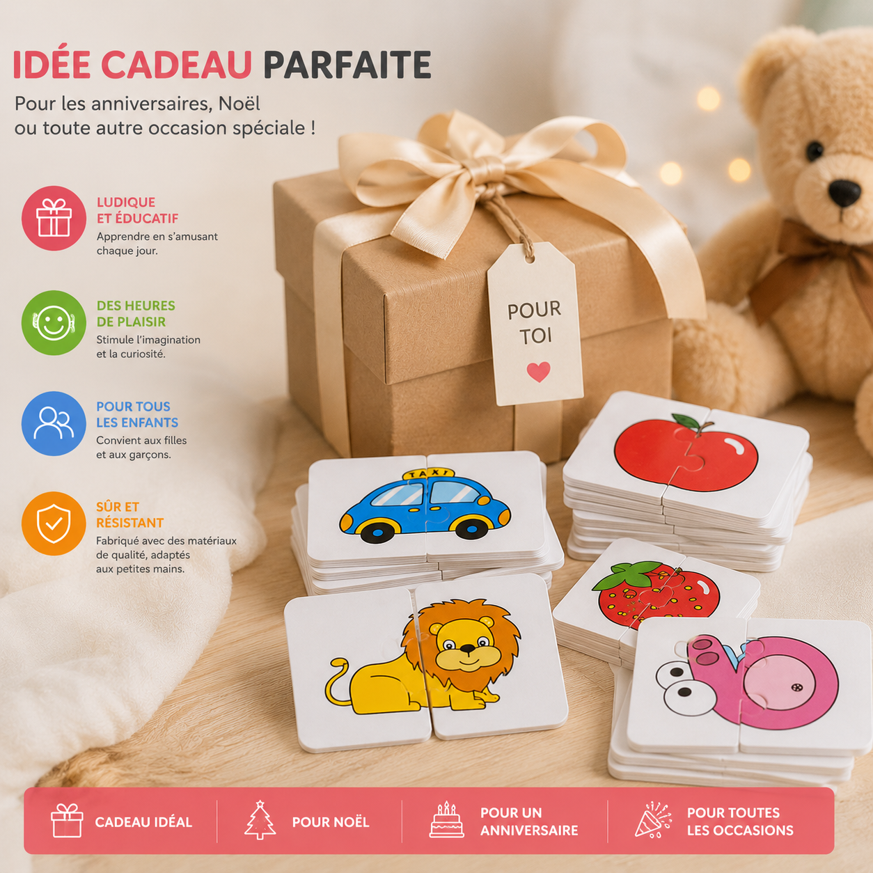 Puzzle Montessori éducatif présenté comme idée cadeau pour enfant, parfait pour apprendre en s’amusant.