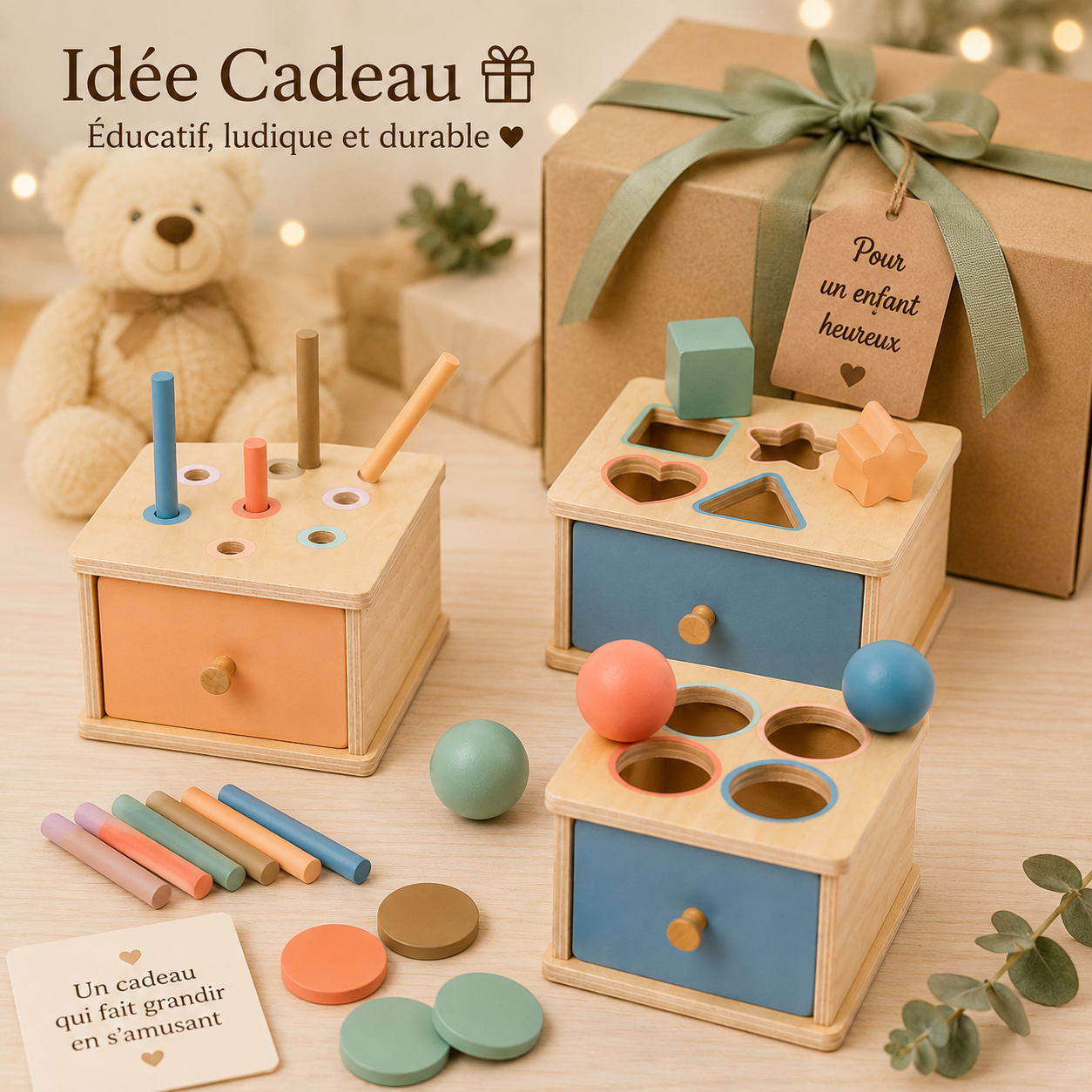 Boîte à tiroirs Montessori en bois présentée comme idée cadeau pour anniversaire ou Noël. Jouet éducatif et sensoriel favorisant l’apprentissage, la créativité et le développement moteur des enfants.