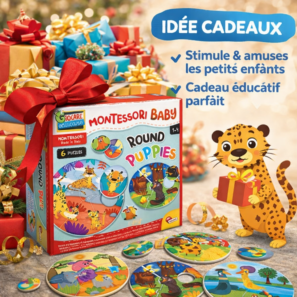 Puzzle Montessori bébé présenté comme idée cadeau éducative pour enfant dès 1 an, parfait pour un anniversaire ou Noël, favorisant l’éveil et l’apprentissage.