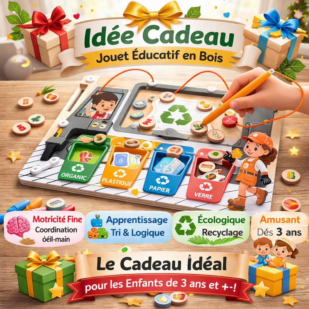 Jeu éducatif Montessori en bois sur le tri des déchets avec plateau magnétique, jouet pour enfant dès 3 ans favorisant la motricité fine, la logique et l’apprentissage de l’écologie.