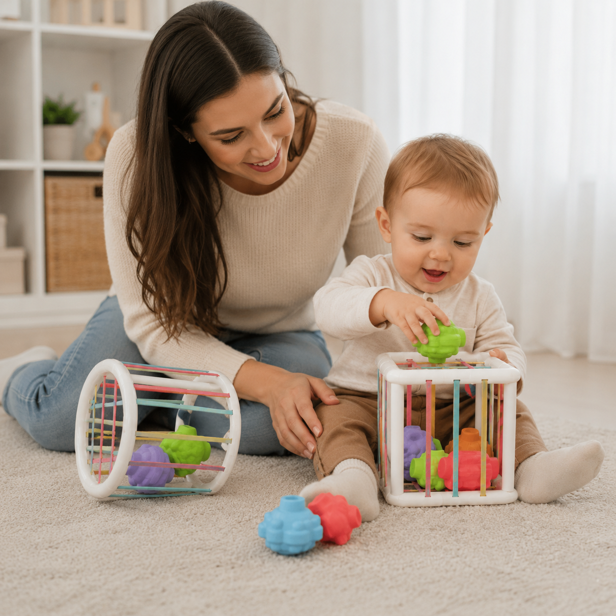 Maman accompagnant son bébé pendant une activité sensorielle avec un jouet Montessori éducatif.