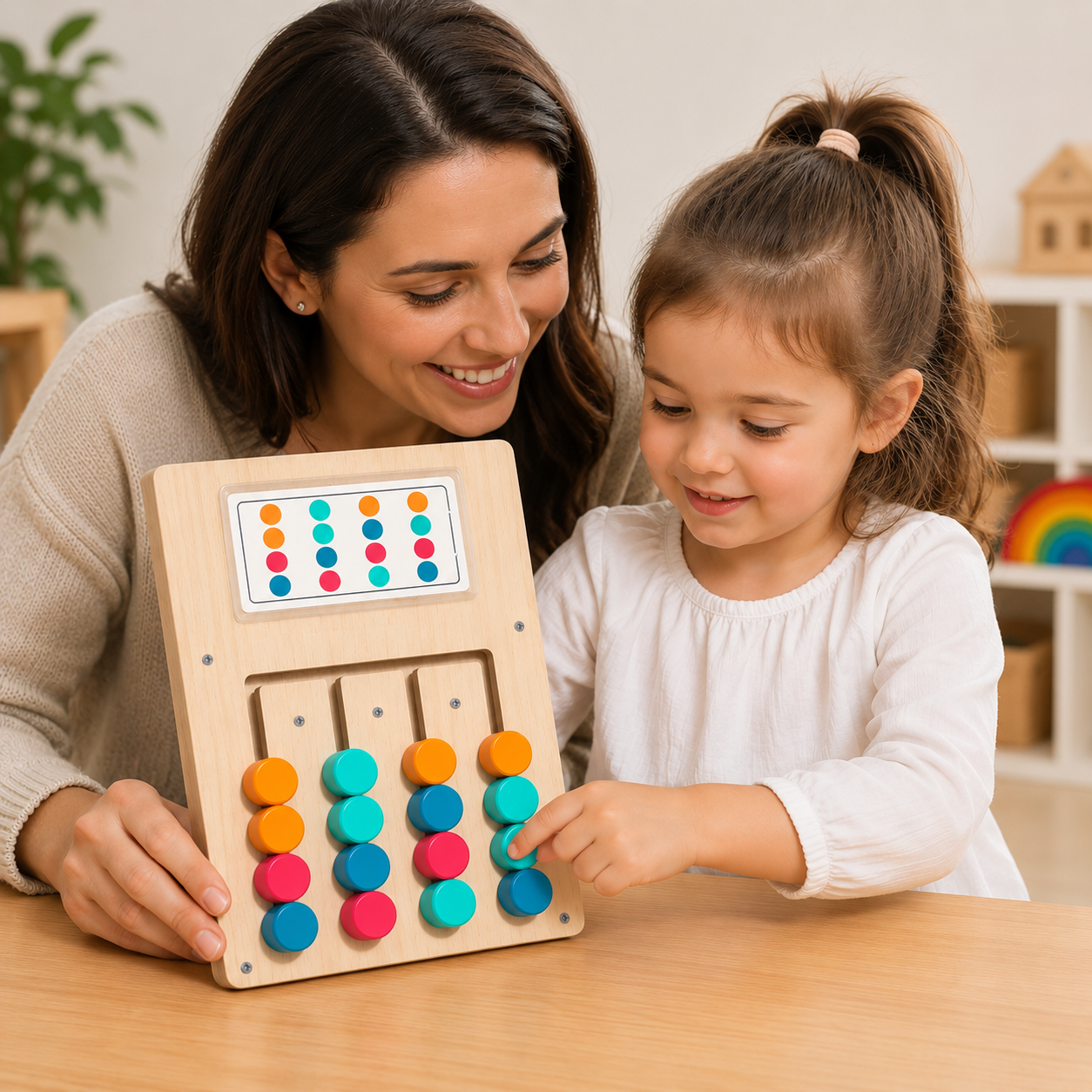 Maman accompagnant sa petite fille pendant une activité Montessori avec un jouet éducatif en bois coloré. Jeu éducatif favorisant l’apprentissage, la concentration et les moments parent-enfant.