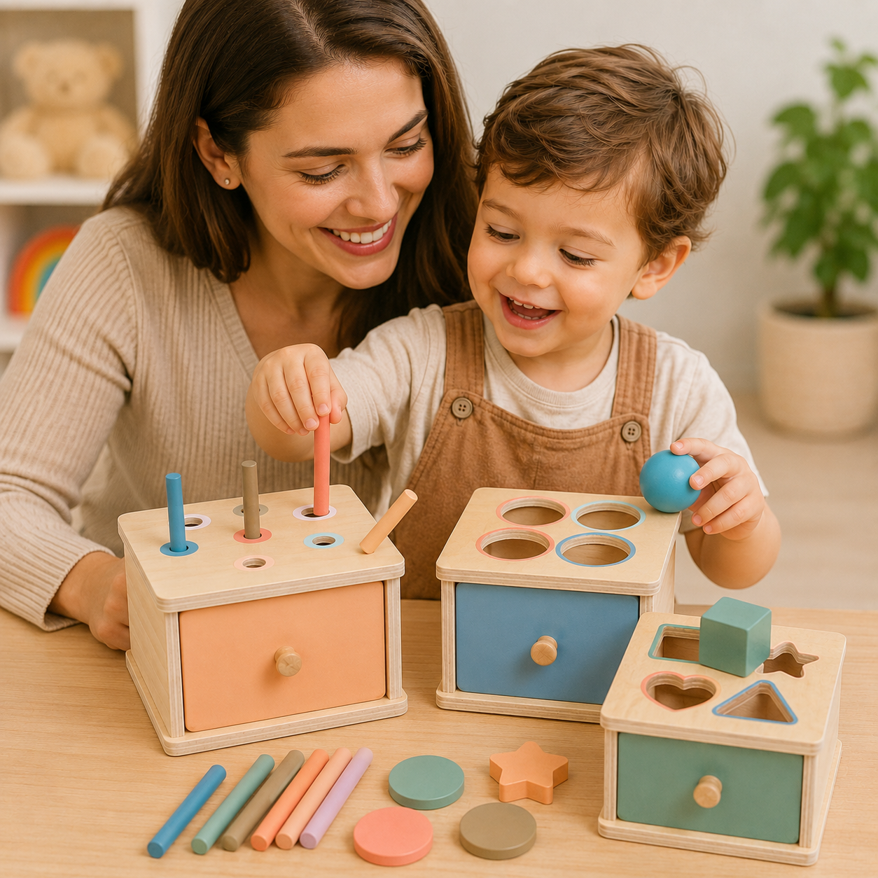 Maman accompagnant son enfant pendant une activité Montessori avec un jouet éducatif en bois. Jeu sensoriel de tri des formes et couleurs favorisant les moments parent-enfant et l’apprentissage autonome.