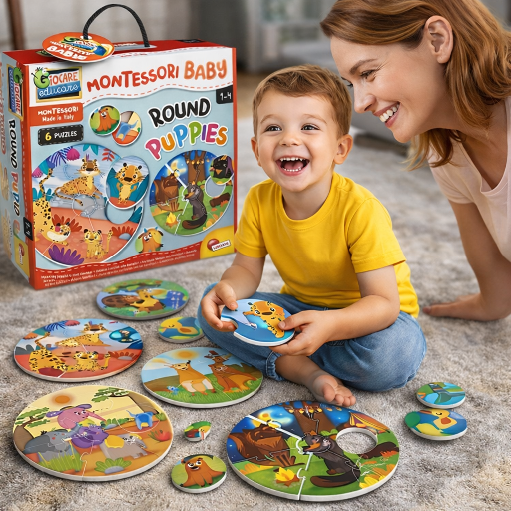 Maman observant son enfant jouer avec un puzzle Montessori éducatif, activité favorisant le lien parent-enfant, l’apprentissage et le développement cognitif.