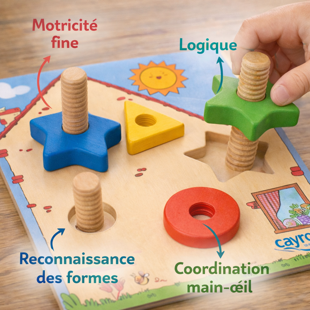 Planche en bois avec pièces colorées en forme d’étoile, triangle et cercle à visser, jouet pédagogique stimulant la précision des gestes et la reconnaissance des formes.