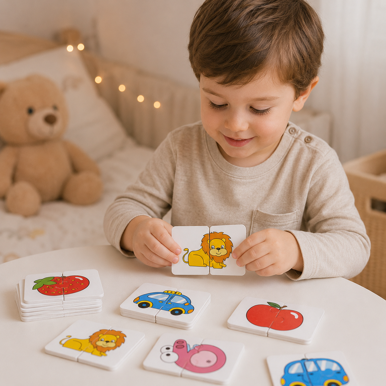 Enfant jouant calmement avec un puzzle éducatif Montessori dans une chambre douce et apaisante.