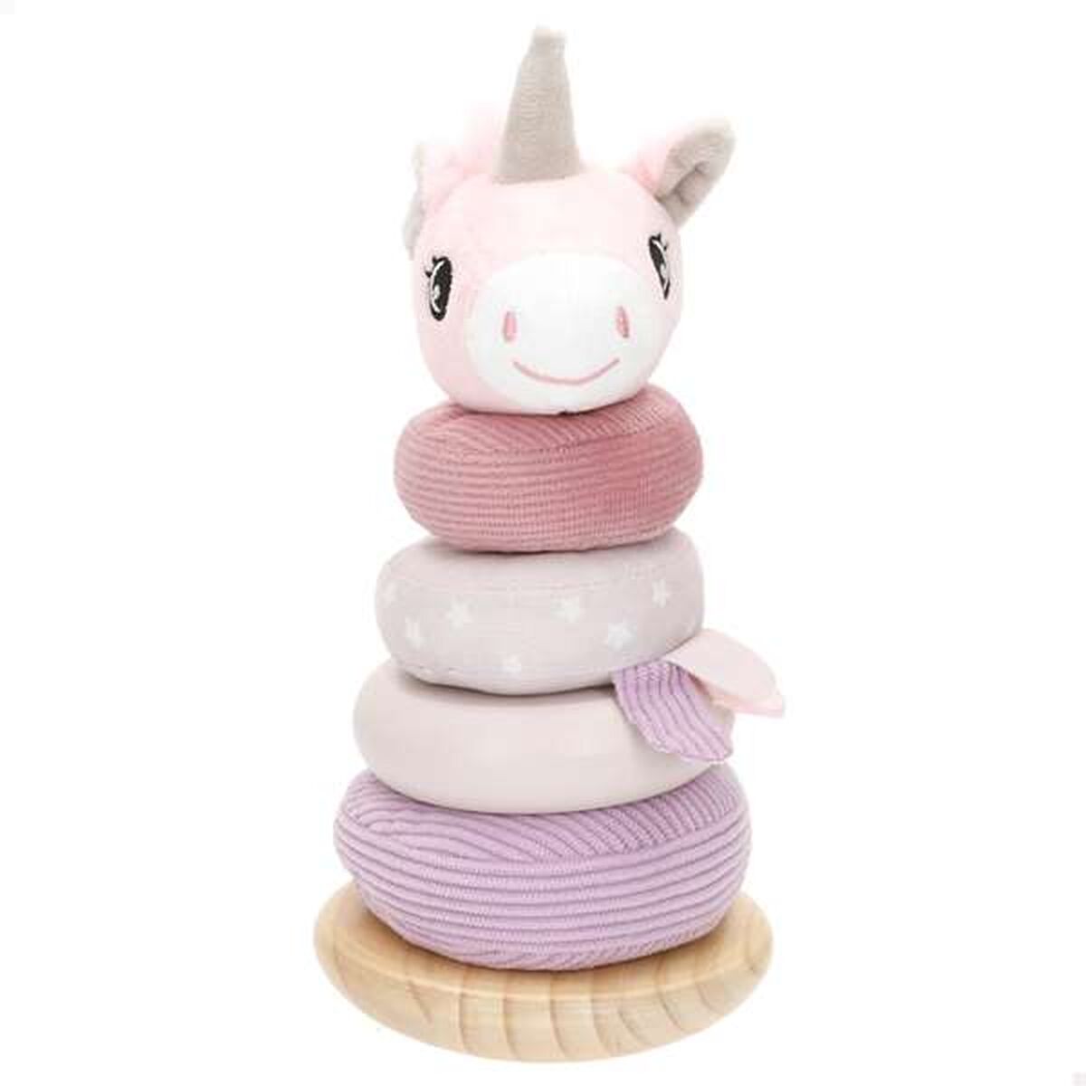 Jouet licorne Montessori Woomax en bois et tissu, anneaux empilables pour développer la motricité fine dès 12 mois