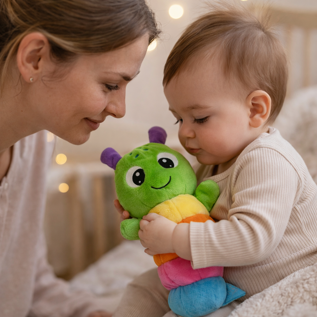 bébé joue avec peluche sensorielle chenille colorée Wormy Molto avec sa maman éveil bébé