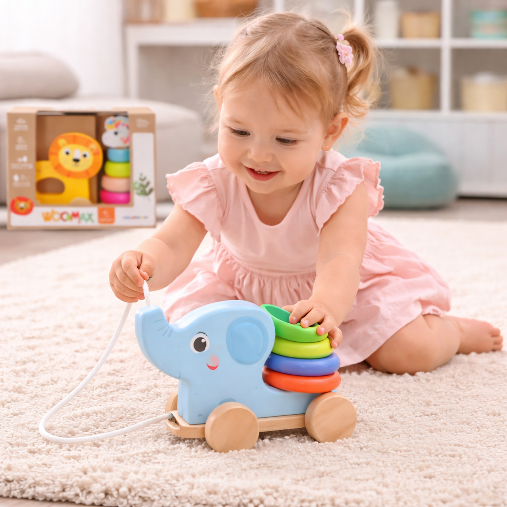 Petite fille jouant avec un jouet à tirer en bois Colorbaby, jouet d’éveil pour développer la motricité dès 12 mois