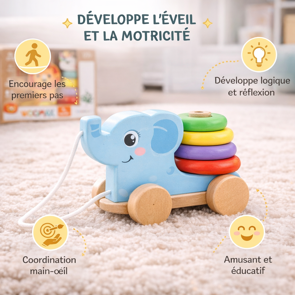 Jouet à tirer en bois Colorbaby avec illustration des bienfaits pour bébé comme la motricité, la coordination et l’éveil