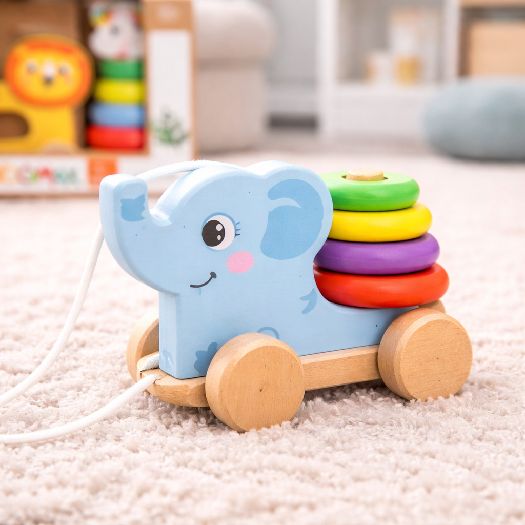 Zoom sur un jouet à tirer en bois Colorbaby en forme d’éléphant avec anneaux colorés empilables pour bébé