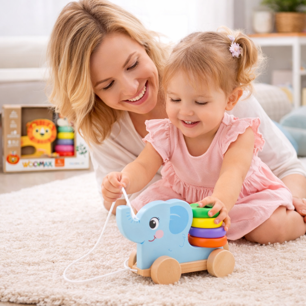 Maman et enfant jouant avec un jouet à tirer en bois Colorbaby, jeu éducatif favorisant l’éveil et la coordination