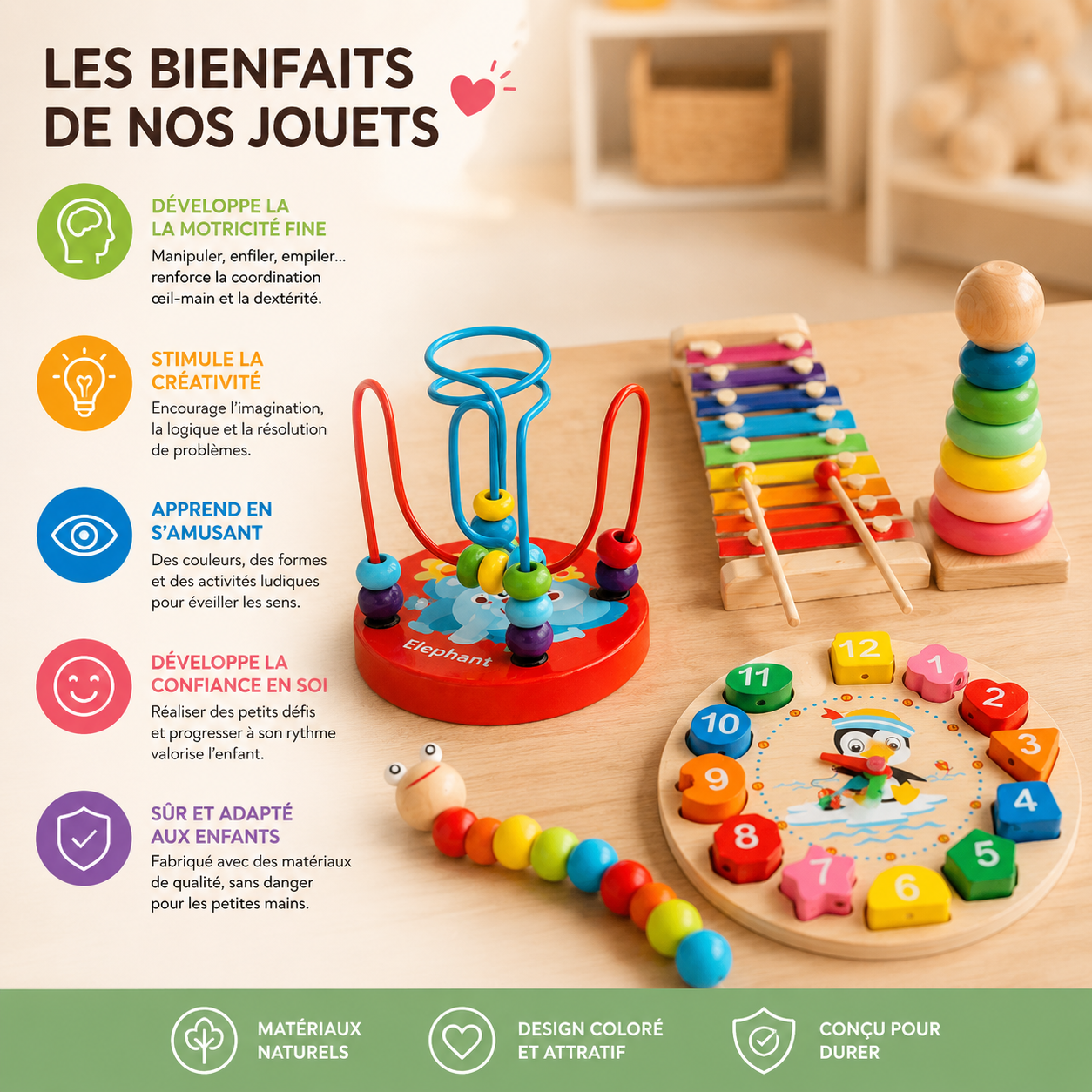 Jouets Montessori éducatifs favorisant créativité, coordination et développement sensoriel des enfants.