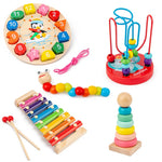 Coffret de jouets Montessori en bois colorés pour développer la motricité fine et l’éveil sensoriel.