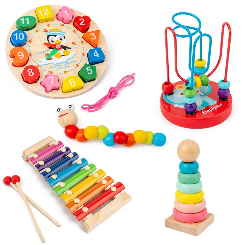 Coffret de jouets Montessori en bois colorés pour développer la motricité fine et l’éveil sensoriel.