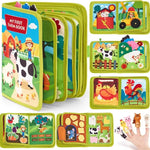 Livre sensoriel Montessori en tissu avec activités éducatives et animaux de la ferme pour bébé.
