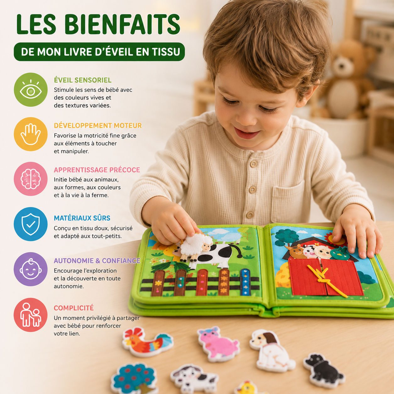 Livre Montessori éducatif favorisant éveil sensoriel, autonomie et motricité fine des tout-petits.