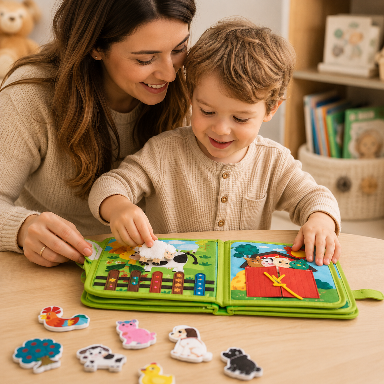 Moment complice entre une maman et son enfant autour d’un livre sensoriel Montessori en tissu.