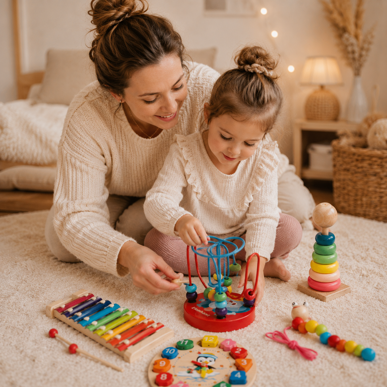 Moment complice entre une maman et sa fille autour de jouets éducatifs Montessori colorés.