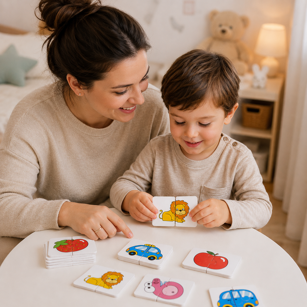 Moment complice entre une maman et son enfant autour d’un puzzle éducatif Montessori coloré.