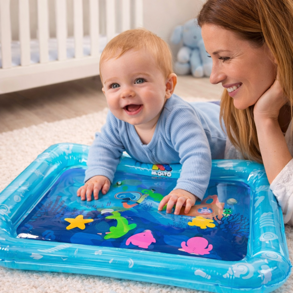 Maman regardant son bébé jouer sur un tapis de jeu à eau gonflable Moltó Playsense, jouet sensoriel favorisant l’éveil et la coordination.