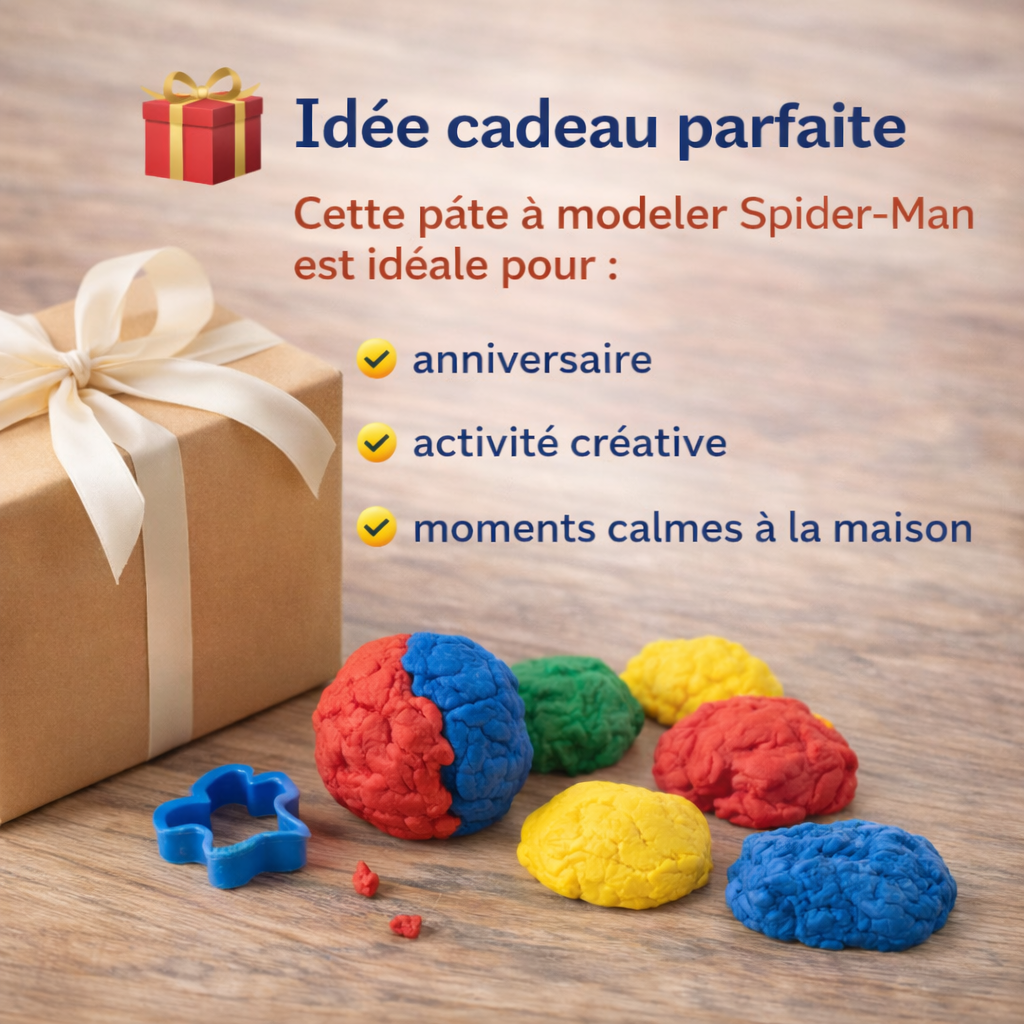 Pâte à modeler Spider-Man présentée comme idée cadeau pour enfant activité créative et sensorielle idéale pour anniversaire ou moments calmes à la maison