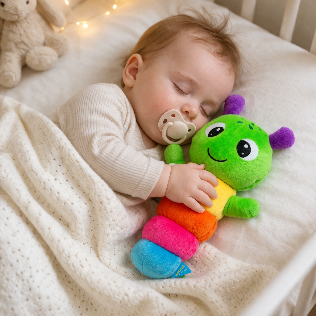 bébé 6 mois dort avec peluche musicale chenille colorée Wormy Molto doudou apaisant