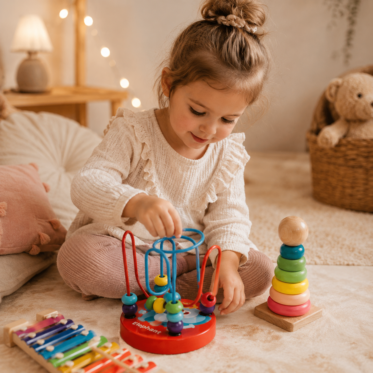 Petite fille jouant avec un jouet Montessori en bois dans une ambiance douce et cocooning.