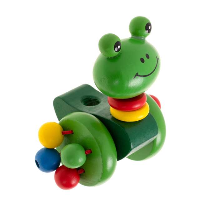 Pousseur grenouille en bois - détail des roues et perles colorées